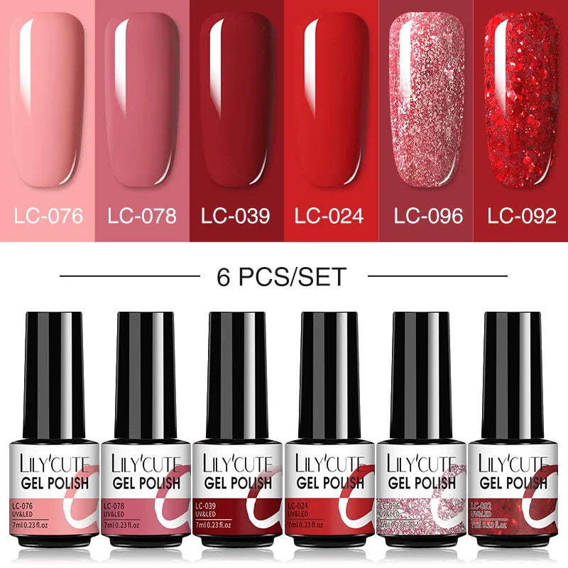 LILYCUTE 6Pcs/Set Nail Gel Polish Summer Neon Colorful Glitter For Manicure Semi Permanent Soak Off Gel UV LED Varnishes Kit