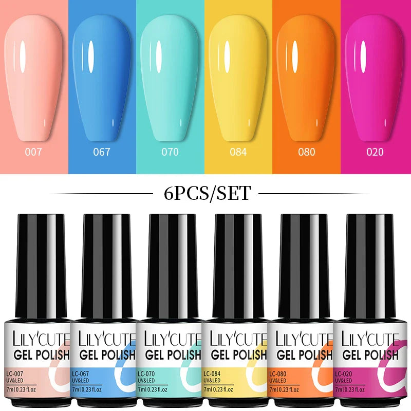 LILYCUTE 6Pcs/Set Nail Gel Polish Summer Neon Colorful Glitter For Manicure Semi Permanent Soak Off Gel UV LED Varnishes Kit
