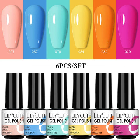 LILYCUTE 6Pcs/Set Nail Gel Polish Summer Neon Colorful Glitter For Manicure Semi Permanent Soak Off Gel UV LED Varnishes Kit