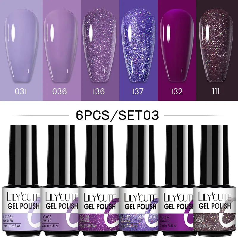 LILYCUTE 6Pcs/Set Nail Gel Polish Summer Neon Colorful Glitter For Manicure Semi Permanent Soak Off Gel UV LED Varnishes Kit