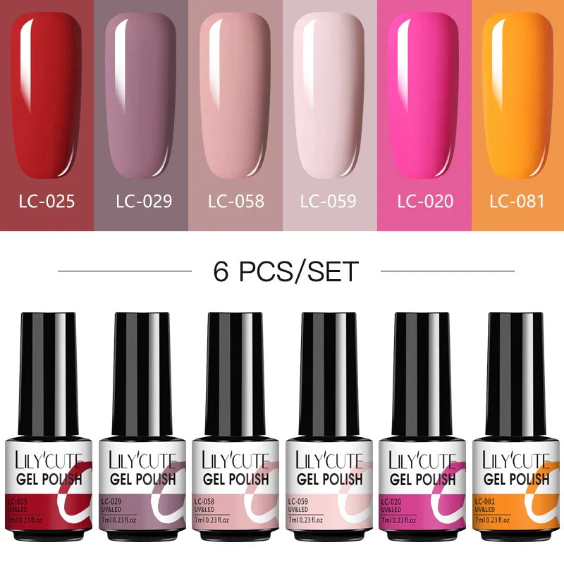 LILYCUTE 6Pcs/Set Nail Gel Polish Summer Neon Colorful Glitter For Manicure Semi Permanent Soak Off Gel UV LED Varnishes Kit