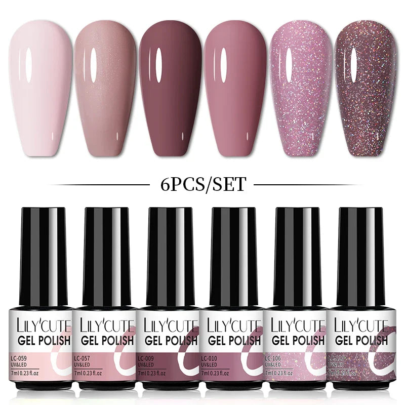 LILYCUTE 6Pcs/Set Nail Gel Polish Summer Neon Colorful Glitter For Manicure Semi Permanent Soak Off Gel UV LED Varnishes Kit