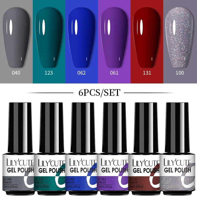 LILYCUTE 6Pcs/Set Nail Gel Polish Summer Neon Colorful Glitter For Manicure Semi Permanent Soak Off Gel UV LED Varnishes Kit