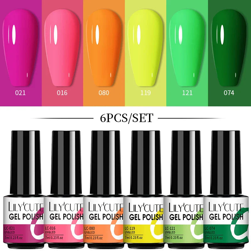 LILYCUTE 6Pcs/Set Nail Gel Polish Summer Neon Colorful Glitter For Manicure Semi Permanent Soak Off Gel UV LED Varnishes Kit
