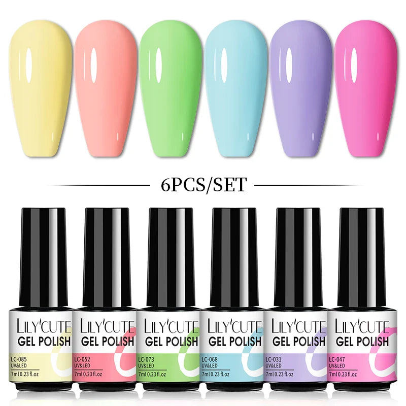 LILYCUTE 6Pcs/Set Nail Gel Polish Summer Neon Colorful Glitter For Manicure Semi Permanent Soak Off Gel UV LED Varnishes Kit