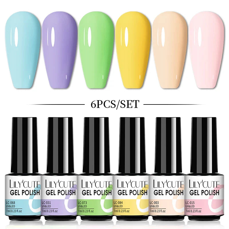 LILYCUTE 6Pcs/Set Nail Gel Polish Summer Neon Colorful Glitter For Manicure Semi Permanent Soak Off Gel UV LED Varnishes Kit