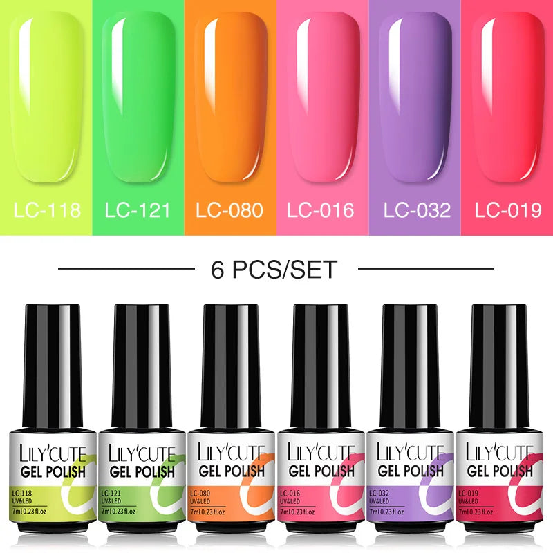 LILYCUTE 6Pcs/Set Nail Gel Polish Summer Neon Colorful Glitter For Manicure Semi Permanent Soak Off Gel UV LED Varnishes Kit