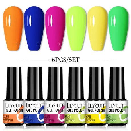 LILYCUTE 6Pcs/Set Nail Gel Polish Summer Neon Colorful Glitter For Manicure Semi Permanent Soak Off Gel UV LED Varnishes Kit