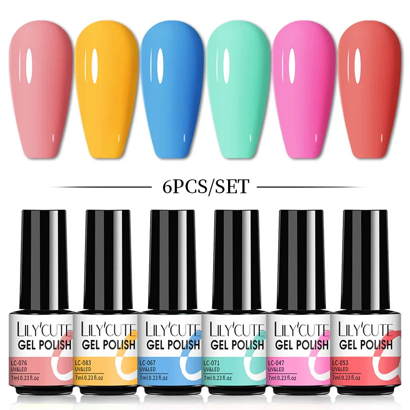 LILYCUTE 6Pcs/Set Nail Gel Polish Summer Neon Colorful Glitter For Manicure Semi Permanent Soak Off Gel UV LED Varnishes Kit