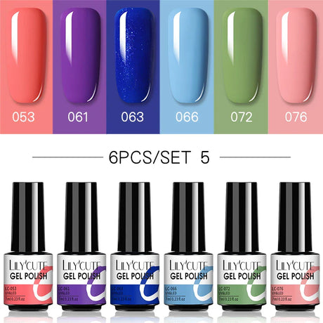 LILYCUTE 6Pcs/Set Nail Gel Polish Summer Neon Colorful Glitter For Manicure Semi Permanent Soak Off Gel UV LED Varnishes Kit