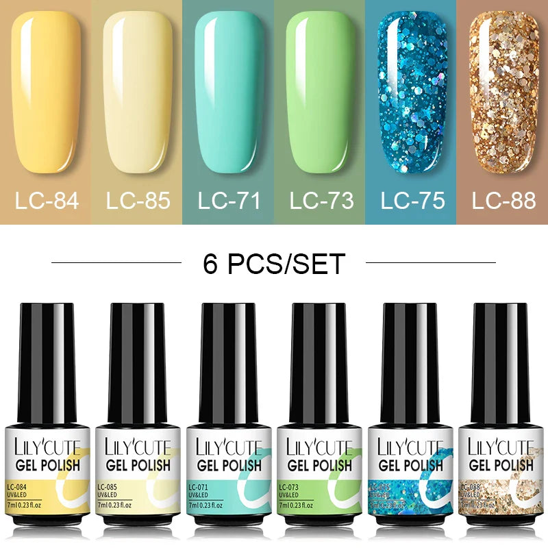 LILYCUTE 6Pcs/Set Nail Gel Polish Summer Neon Colorful Glitter For Manicure Semi Permanent Soak Off Gel UV LED Varnishes Kit