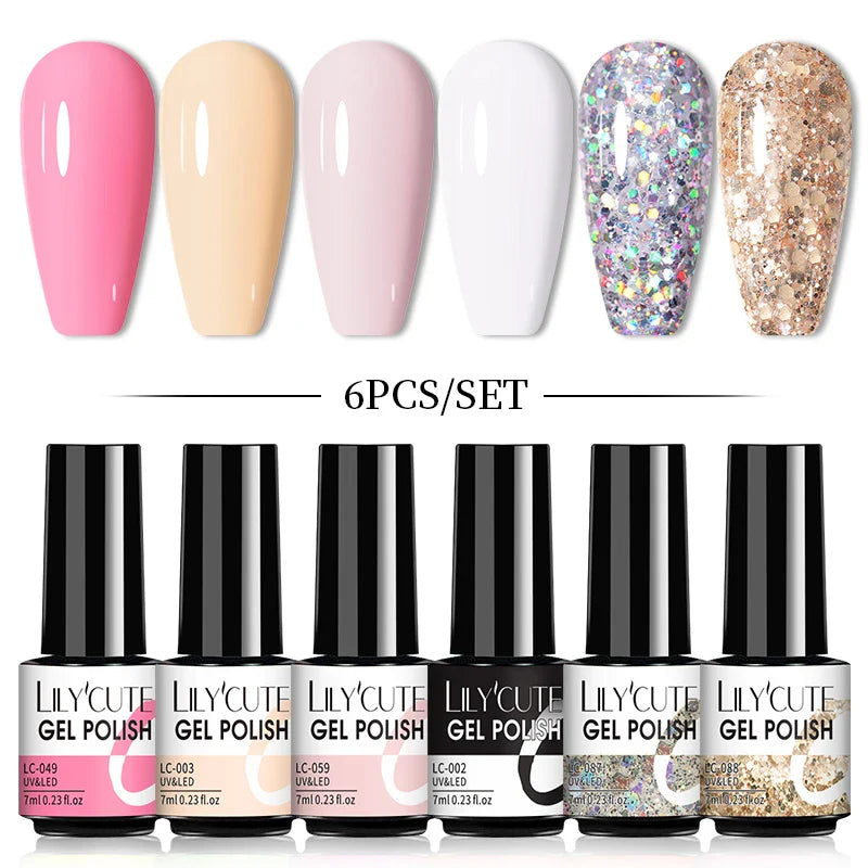 LILYCUTE 6Pcs/Set Nail Gel Polish Summer Neon Colorful Glitter For Manicure Semi Permanent Soak Off Gel UV LED Varnishes Kit