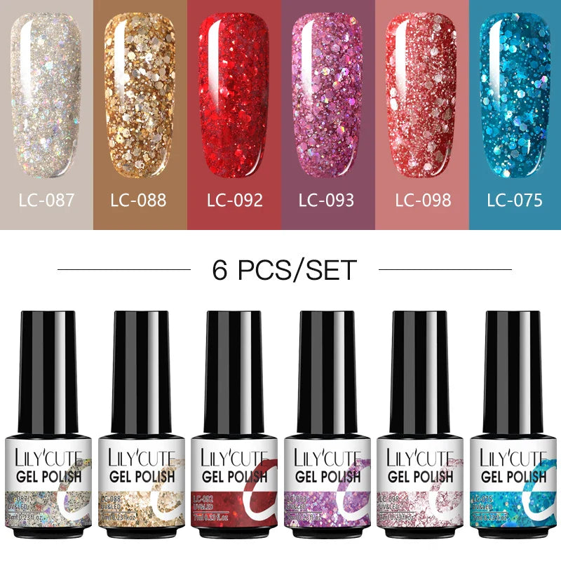 LILYCUTE 6Pcs/Set Nail Gel Polish Summer Neon Colorful Glitter For Manicure Semi Permanent Soak Off Gel UV LED Varnishes Kit