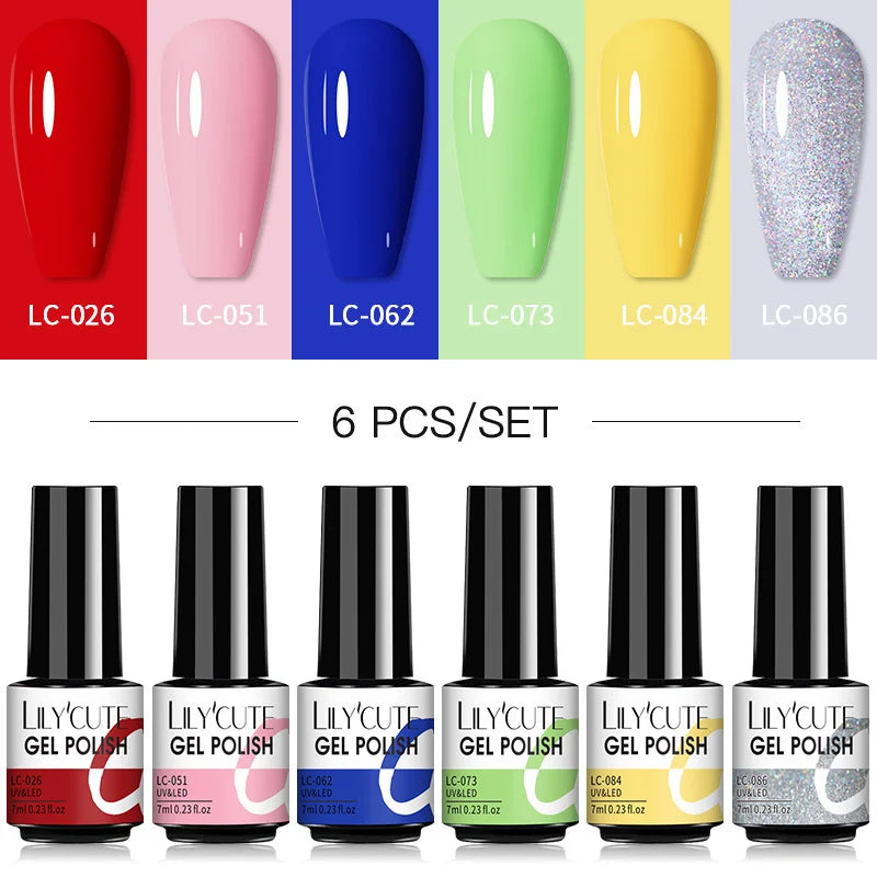 LILYCUTE 6Pcs/Set Nail Gel Polish Summer Neon Colorful Glitter For Manicure Semi Permanent Soak Off Gel UV LED Varnishes Kit