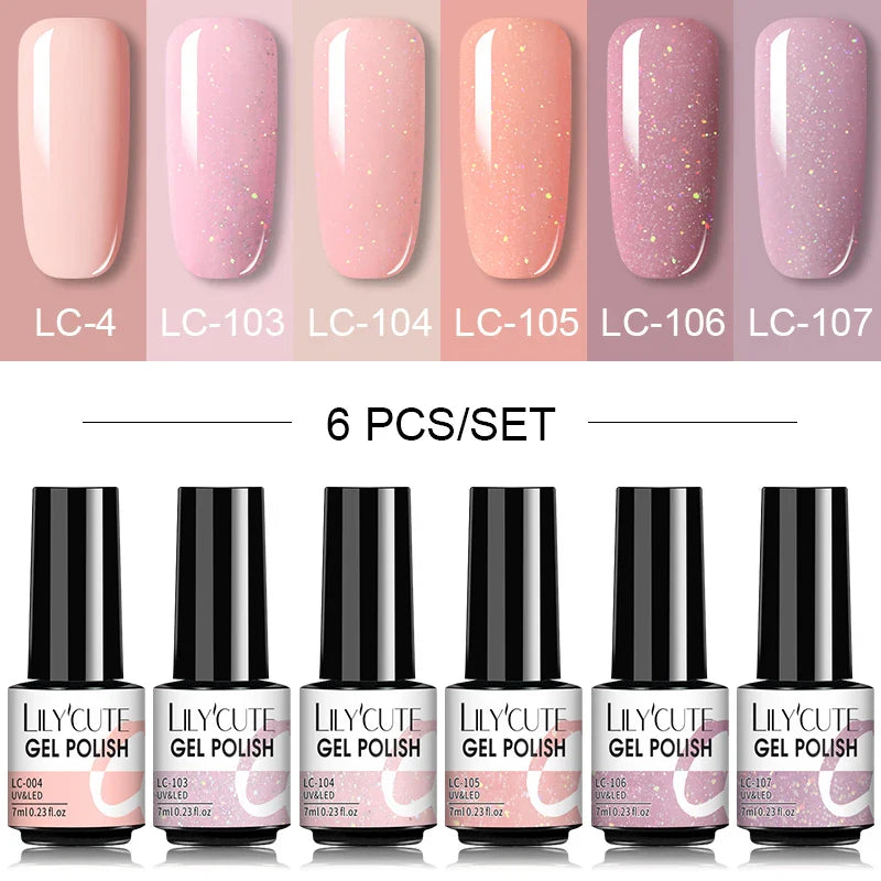 LILYCUTE 6Pcs/Set Nail Gel Polish Summer Neon Colorful Glitter For Manicure Semi Permanent Soak Off Gel UV LED Varnishes Kit