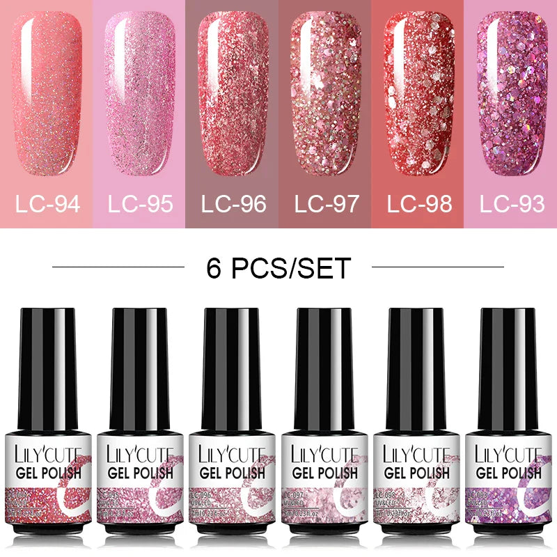 LILYCUTE 6Pcs/Set Nail Gel Polish Summer Neon Colorful Glitter For Manicure Semi Permanent Soak Off Gel UV LED Varnishes Kit