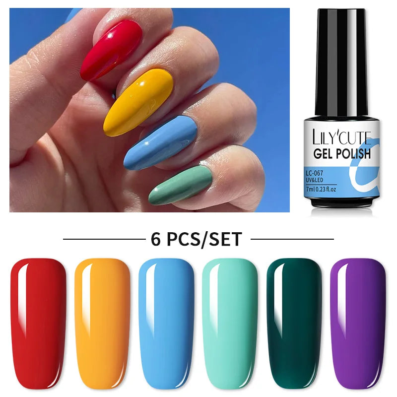 LILYCUTE 6Pcs/Set Nail Gel Polish Summer Neon Colorful Glitter For Manicure Semi Permanent Soak Off Gel UV LED Varnishes Kit