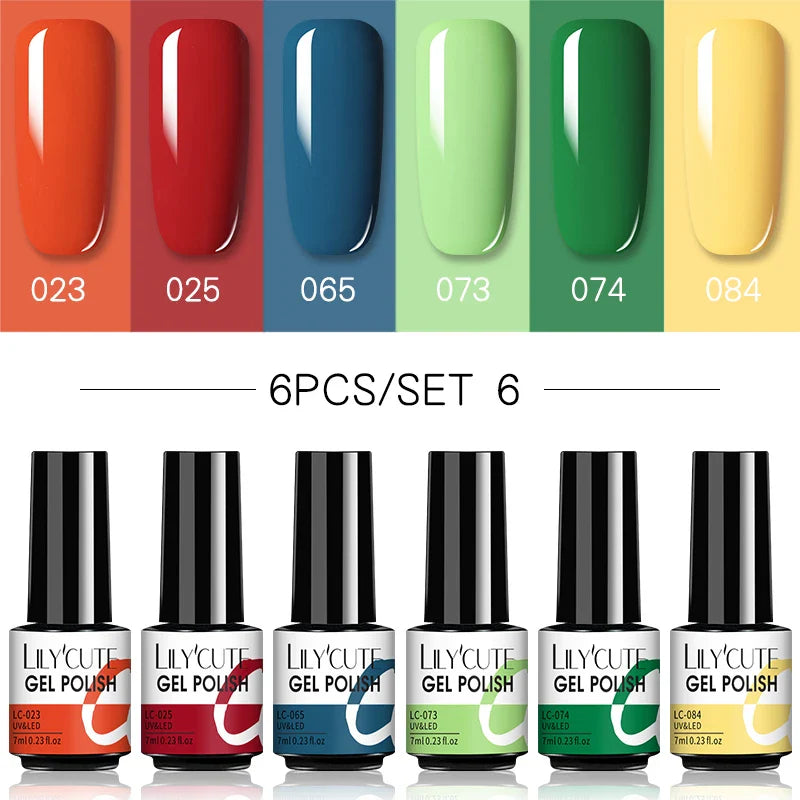 LILYCUTE 6Pcs/Set Nail Gel Polish Summer Neon Colorful Glitter For Manicure Semi Permanent Soak Off Gel UV LED Varnishes Kit