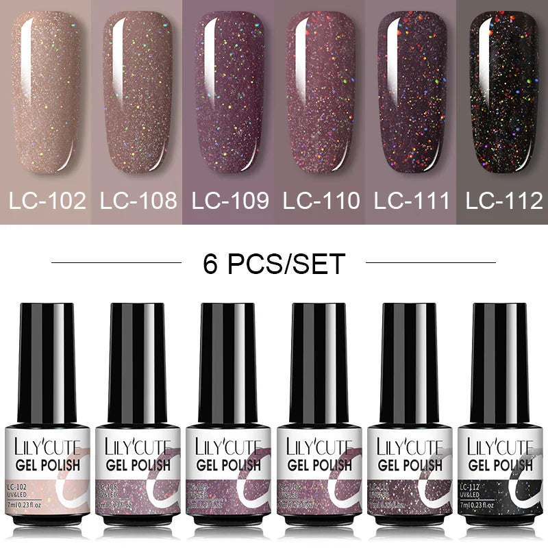LILYCUTE 6Pcs/Set Nail Gel Polish Summer Neon Colorful Glitter For Manicure Semi Permanent Soak Off Gel UV LED Varnishes Kit