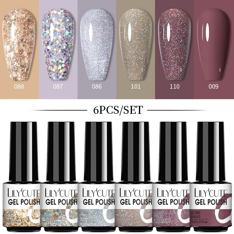 LILYCUTE 6Pcs/Set Nail Gel Polish Summer Neon Colorful Glitter For Manicure Semi Permanent Soak Off Gel UV LED Varnishes Kit