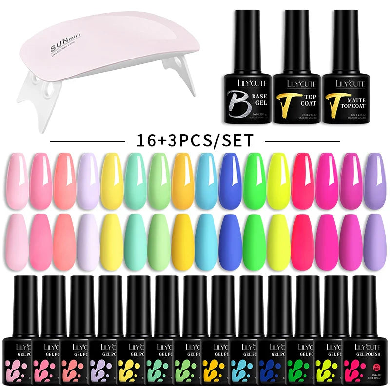 LILYCUTE 7ML Gel Nail Polish Set Glitter Nail Gel Kit With 6W UV Lamp  DIY Manicure Soak Off Base Matte Top Coat Nail Art Gel