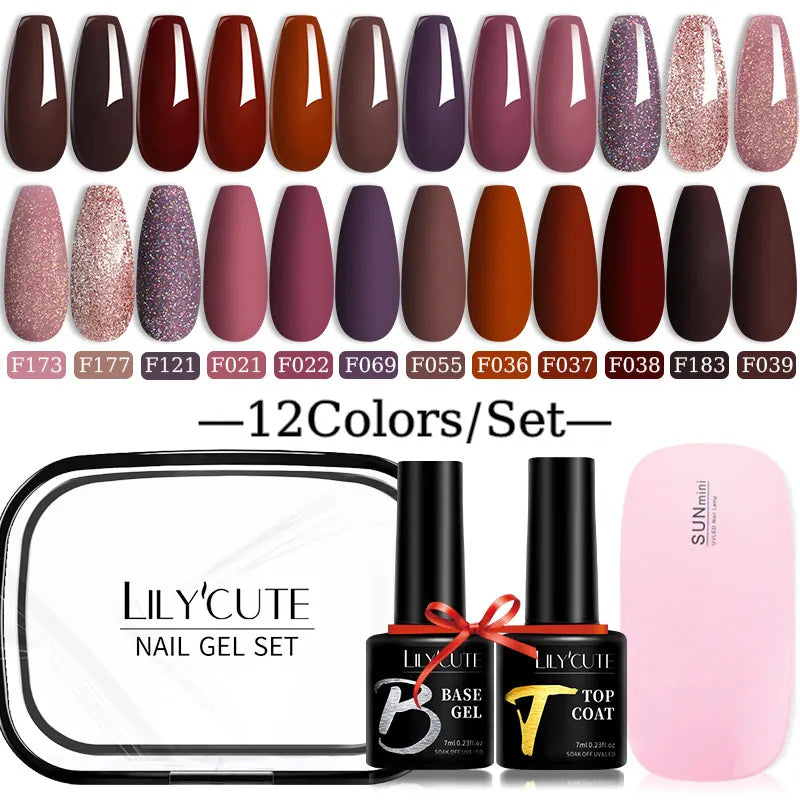 LILYCUTE 7ML Gel Nail Polish Set Glitter Nail Gel Kit With 6W UV Lamp  DIY Manicure Soak Off Base Matte Top Coat Nail Art Gel