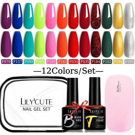 LILYCUTE 7ML Gel Nail Polish Set Glitter Nail Gel Kit With 6W UV Lamp  DIY Manicure Soak Off Base Matte Top Coat Nail Art Gel