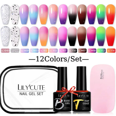 LILYCUTE 7ML Gel Nail Polish Set Glitter Nail Gel Kit With 6W UV Lamp  DIY Manicure Soak Off Base Matte Top Coat Nail Art Gel