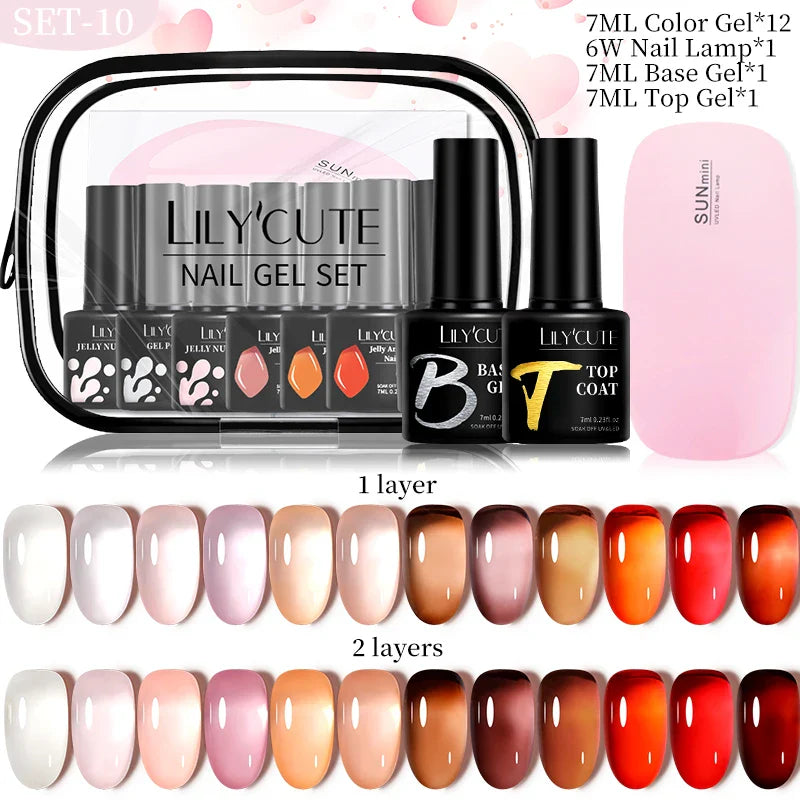 LILYCUTE 7ML Gel Nail Polish Set Glitter Nail Gel Kit With 6W UV Lamp  DIY Manicure Soak Off Base Matte Top Coat Nail Art Gel