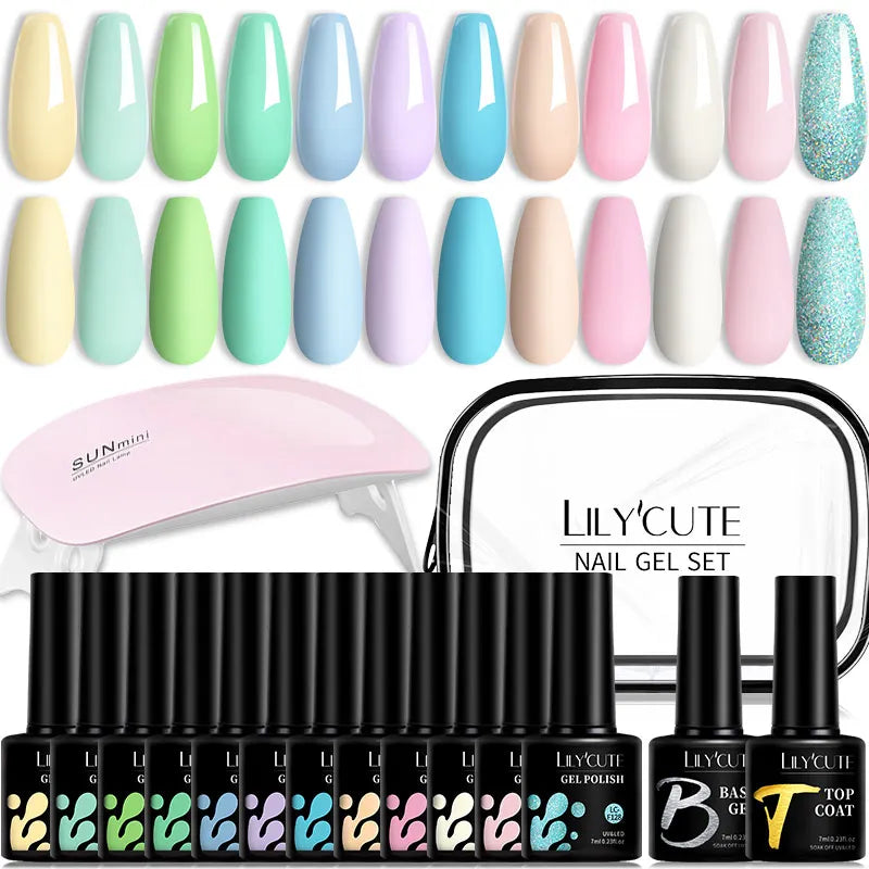 LILYCUTE 7ML Gel Nail Polish Set Glitter Nail Gel Kit With 6W UV Lamp  DIY Manicure Soak Off Base Matte Top Coat Nail Art Gel