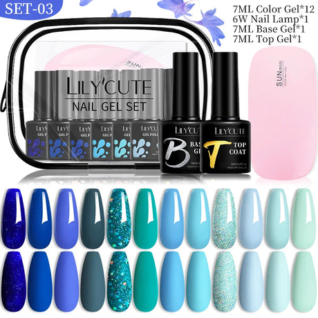 LILYCUTE 7ML Gel Nail Polish Set Glitter Nail Gel Kit With 6W UV Lamp  DIY Manicure Soak Off Base Matte Top Coat Nail Art Gel