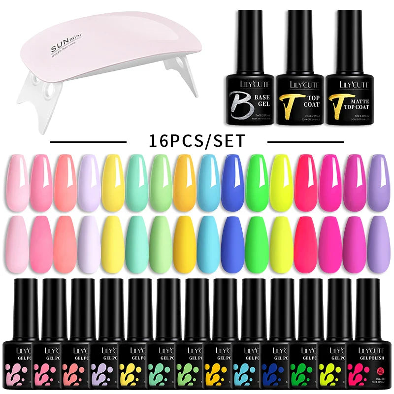 LILYCUTE 7ML Gel Nail Polish Set Glitter Nail Gel Kit With 6W UV Lamp  DIY Manicure Soak Off Base Matte Top Coat Nail Art Gel