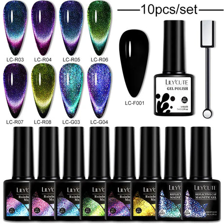 LILYCUTE 9D Rainbow Cat Magnetic Gel Nail Polish Set With Magnetic Stick Kit Sparkling For Manicure Soak Off Nail UV Gel Varnish