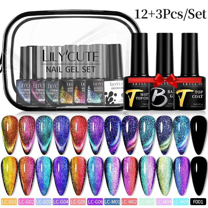 LILYCUTE 9D Rainbow Cat Magnetic Gel Nail Polish Set With Magnetic Stick Kit Sparkling For Manicure Soak Off Nail UV Gel Varnish