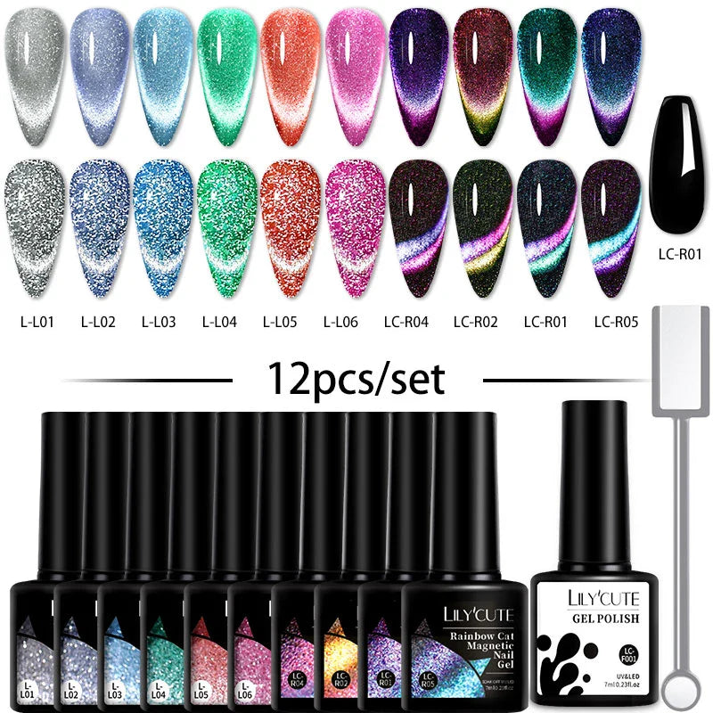 LILYCUTE 9D Rainbow Cat Magnetic Gel Nail Polish Set With Magnetic Stick Kit Sparkling For Manicure Soak Off Nail UV Gel Varnish