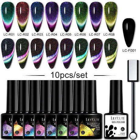 LILYCUTE 9D Rainbow Cat Magnetic Gel Nail Polish Set With Magnetic Stick Kit Sparkling For Manicure Soak Off Nail UV Gel Varnish