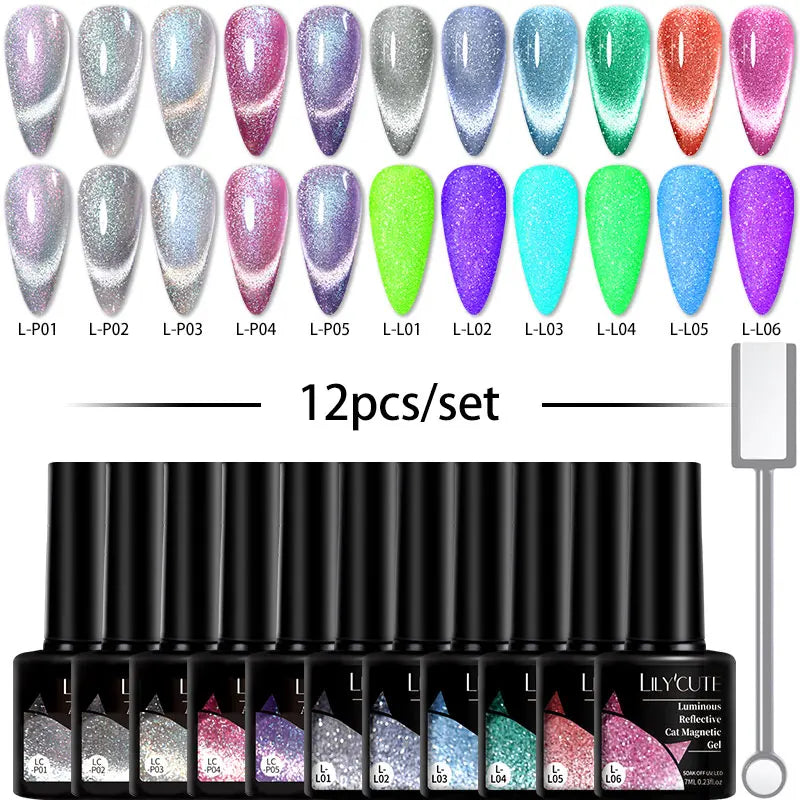 LILYCUTE 9D Rainbow Cat Magnetic Gel Nail Polish Set With Magnetic Stick Kit Sparkling For Manicure Soak Off Nail UV Gel Varnish