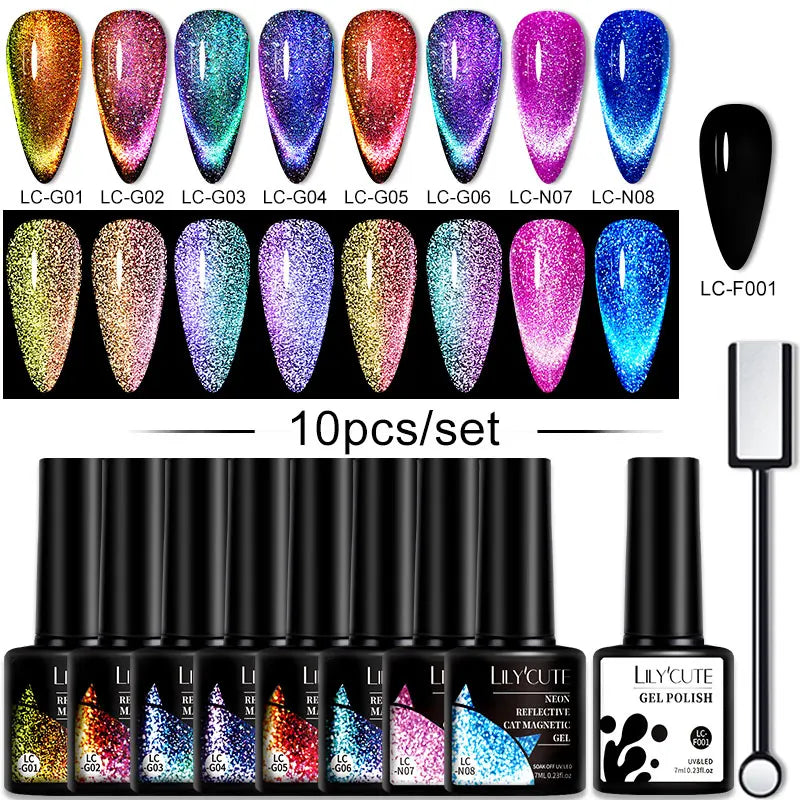 LILYCUTE 9D Rainbow Cat Magnetic Gel Nail Polish Set With Magnetic Stick Kit Sparkling For Manicure Soak Off Nail UV Gel Varnish