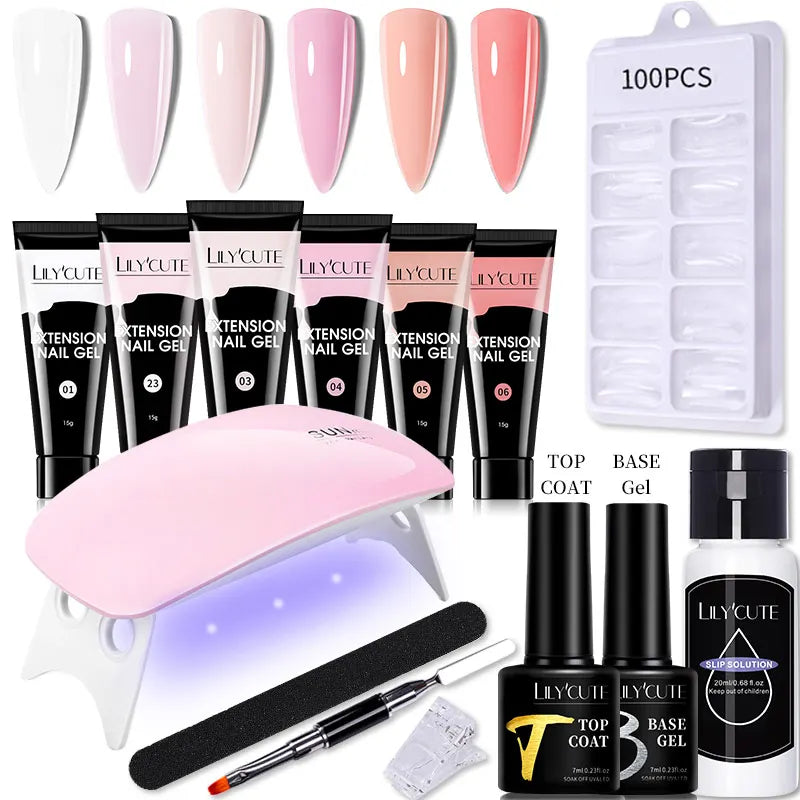 LILYCUTE Extension Nail Gel Set Clear Nude Glitter Color Full Manicure Kit With Drill Machine Nails Art Quick Extension Varnish