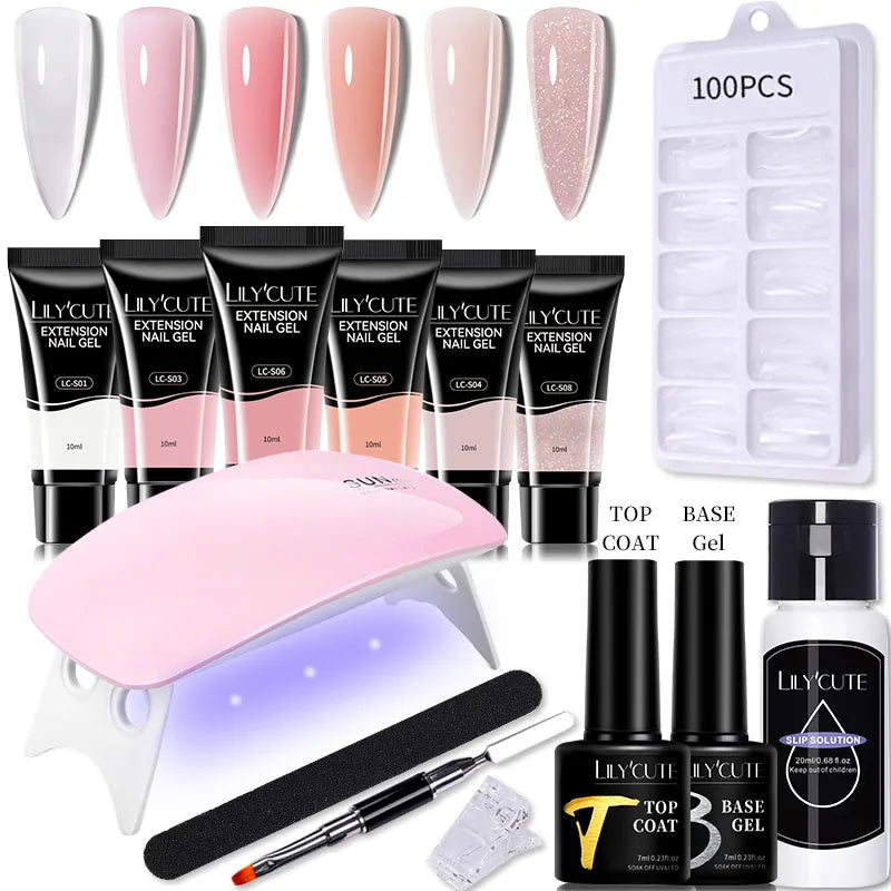 LILYCUTE Extension Nail Gel Set Clear Nude Glitter Color Full Manicure Kit With Drill Machine Nails Art Quick Extension Varnish