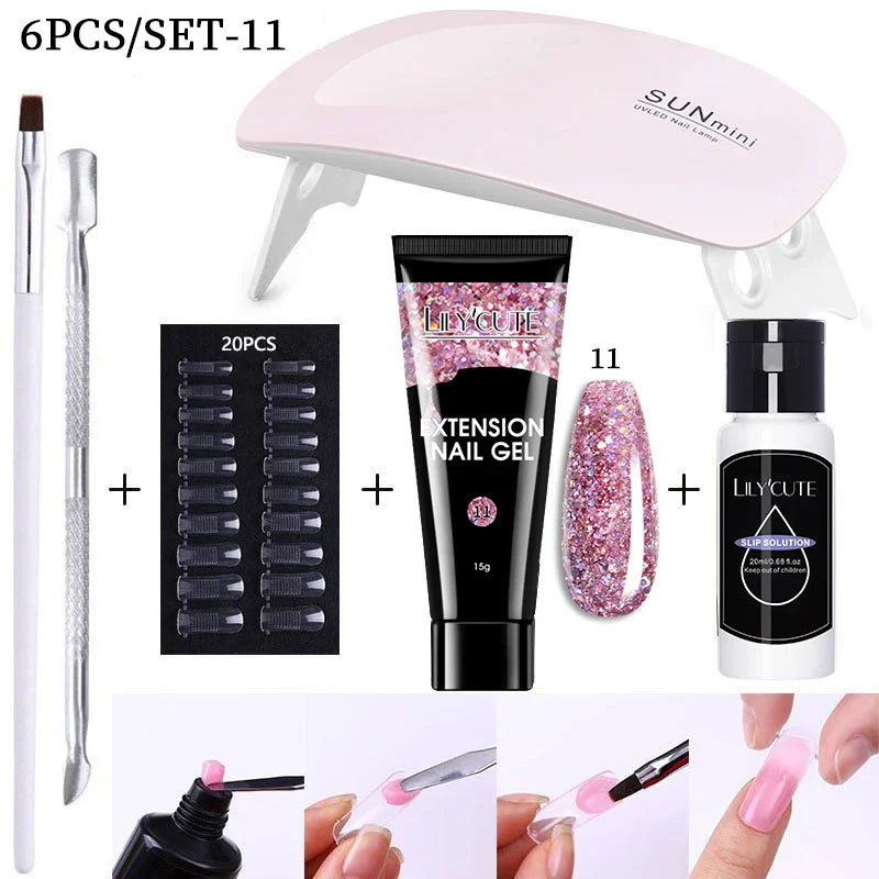 LILYCUTE Nail Gel Set 6W LED Lamp Full Manicure Set Vernis Semi Permanent Quick Extension Nail Kit Gel Set For Nails Tool Kit