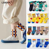 LJMOFA 5 Pairs Children Socks for Girls Boy Cartoon Toddler Cotton Knitted Sports Socks Four Seasons New Kids Tube Socks C161