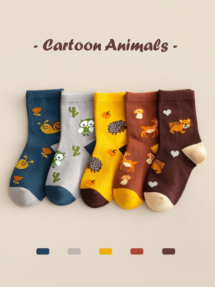 LJMOFA 5 Pairs Cotton Kids Socks Dinosaur Cartoon Cute Toddler Girls Socks Casual Sport Boys Socks Warm Socks For Baby C159