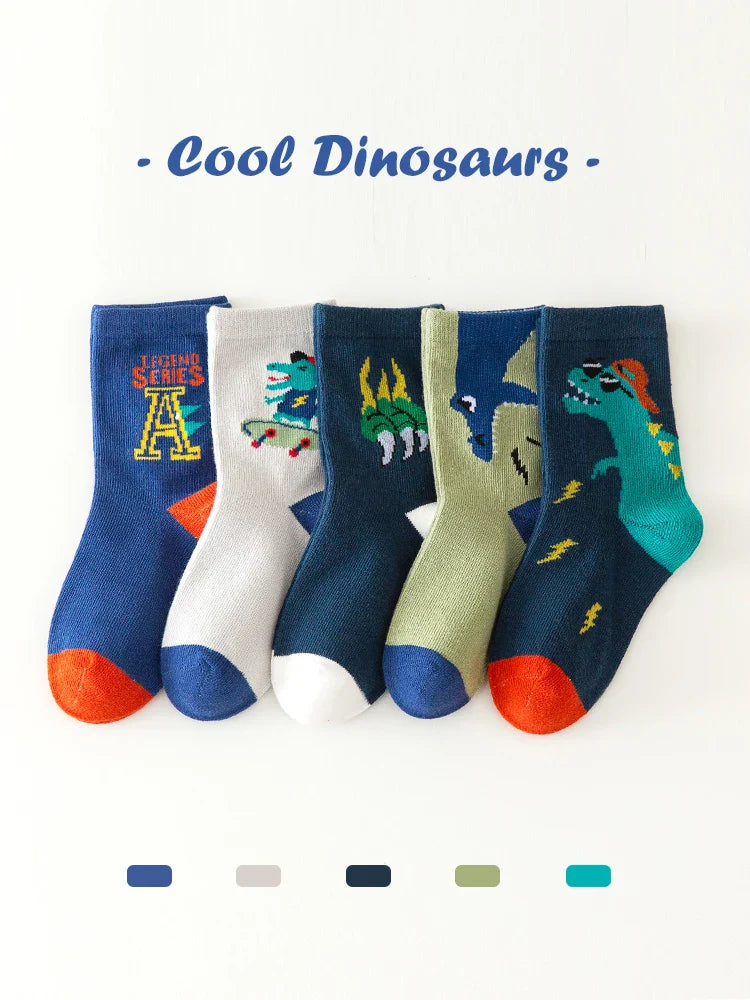 LJMOFA 5 Pairs Cotton Kids Socks Dinosaur Cartoon Cute Toddler Girls Socks Casual Sport Boys Socks Warm Socks For Baby C159