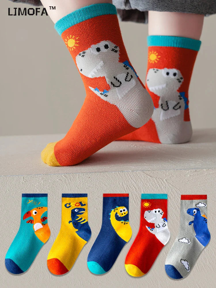 LJMOFA 5 Pairs Cotton Kids Socks Dinosaur Cartoon Cute Toddler Girls Socks Casual Sport Boys Socks Warm Socks For Baby C159