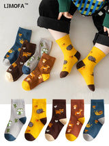 LJMOFA 5 Pairs Cotton Kids Socks Dinosaur Cartoon Cute Toddler Girls Socks Casual Sport Boys Socks Warm Socks For Baby C159