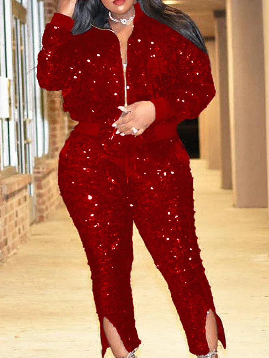 LW Plus Size Two Pieces Sets Velvet Sequined Zipper Design top coat & Pants Set Fashion party Evening women's matching set