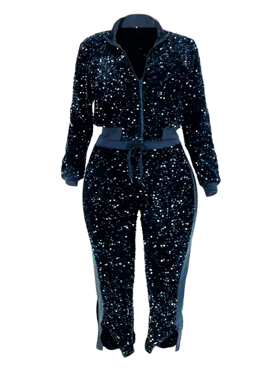 LW Plus Size Two Pieces Sets Velvet Sequined Zipper Design top coat & Pants Set Fashion party Evening women's matching set