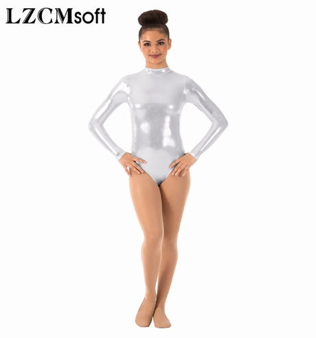 LZCMsoft Women's Long Sleeve Leotards Turtleneck Gymnastics Dance Leotard One Piece Stage Performance Shiny Metallic Bodysuits