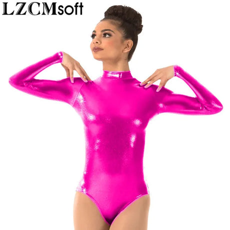 LZCMsoft Women's Long Sleeve Leotards Turtleneck Gymnastics Dance Leotard One Piece Stage Performance Shiny Metallic Bodysuits